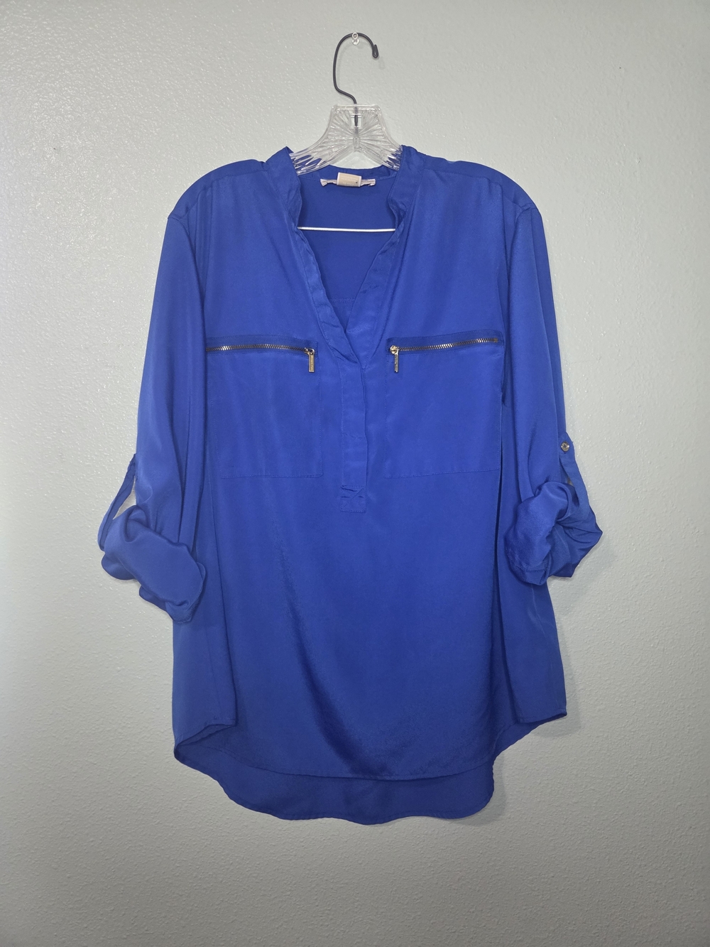 Michael Kors Cobalt Blue V-Neck Utility Blouse with Zip Accents - Picture 1 of 13